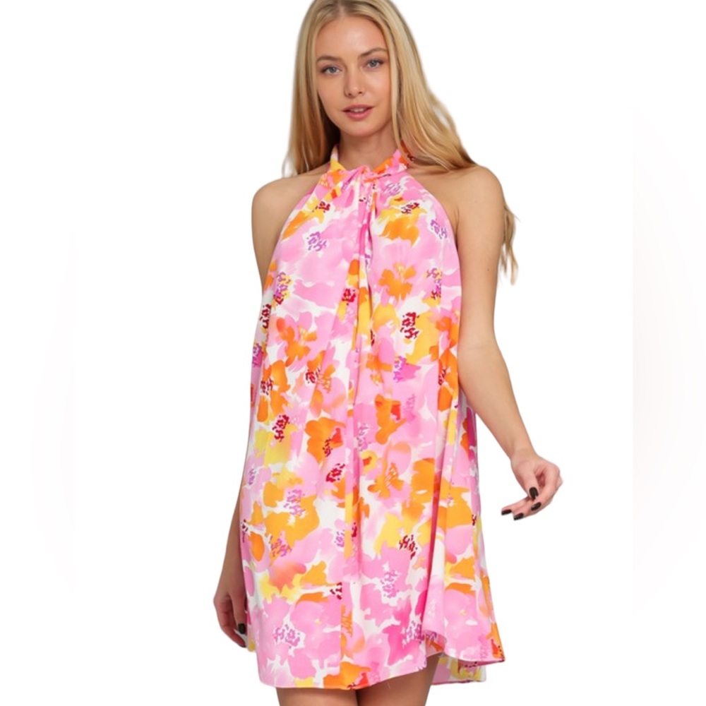 Women’s White Pink Yellow Floral Print Mock Neck Sleeveless Dress NWT 👗 💛
